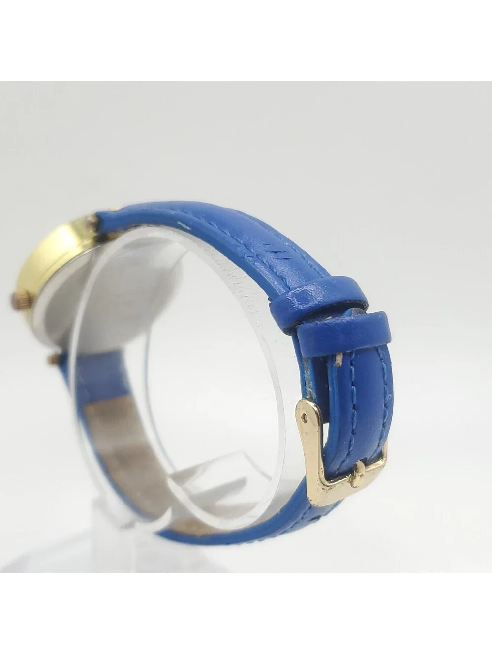 Accutime Quartz  Womens Watch 30mm Gold Tone Blue Leather Band New Battery